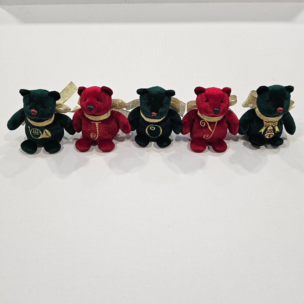 5 Red and Green Velvet Holiday Joy Bears With Gold Embroidered Tummies